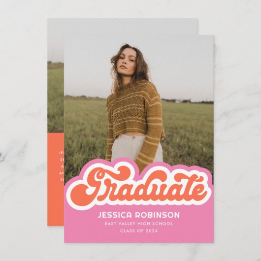 Roze Oranje retro Afstuderen foto aankondiging (Voorkant / Achterkant)