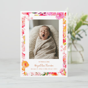 Roze Oranje Waterverf Bloemige Foto Baby Geboorte Aankondiging