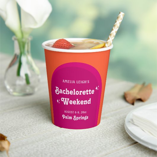 Roze & Oranje Zonsondergang Retro Bachelorette Wee Papieren Bekers (Insitu)