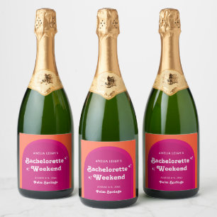 Roze & Oranje Zonsondergang Retro Meidenavond Sparkling Wijnetiket