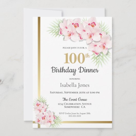 Roze Orchid 100th Birthday Dinner Party Kaart (Voorkant)