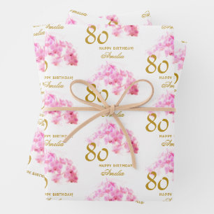 Roze Orchidee Aquarel Goud Glitter 80ste Verjaarda Inpakpapier Vel