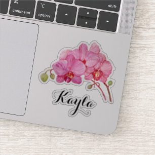 roze orchidee bloesems met Jouw naam vinyl Sticker