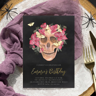 Roze orchidee Floral Skull Halloween Birthday Part Folie Uitnodiging