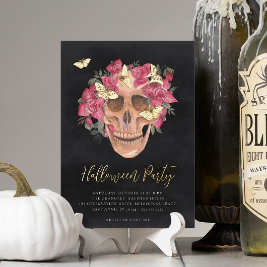 Roze orchidee Floral Skull Halloween Party Folie Uitnodiging