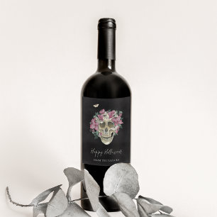 Roze orchidee Floral Skull Persoonlijk Halloween Wijn Etiket