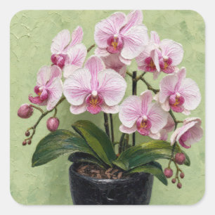 Roze Orchidee Impasto Kunstwerk Vierkante Sticker