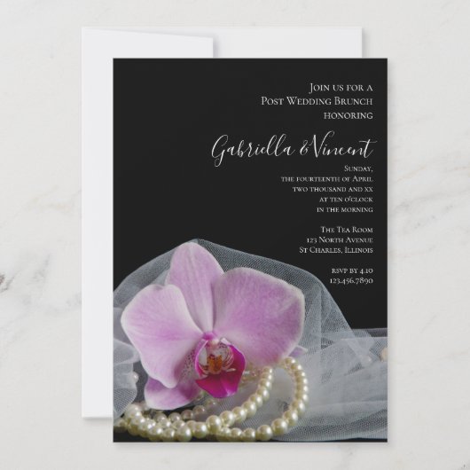 Roze Orchidee Parels op Zwarte Post Bruiloft Brunc Kaart (Voorkant)