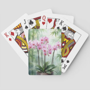 Roze Orchidee Plant op Bamboe Achtergrond Pokerkaarten