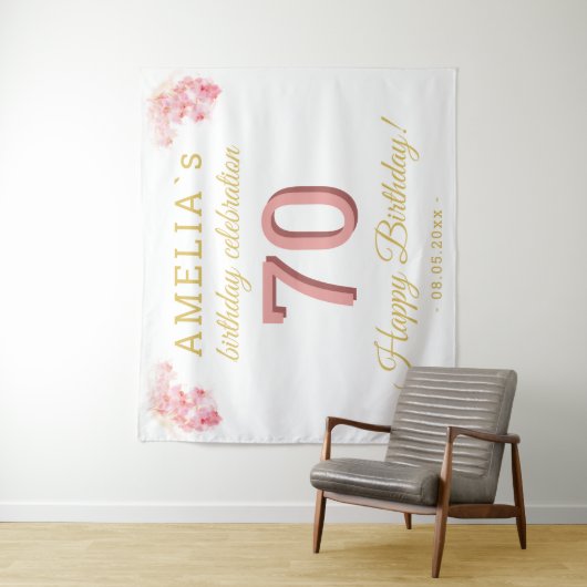 Roze Orchidee Waterverf 70ste Verjaardag Achtergro Wandkleed (In situ)