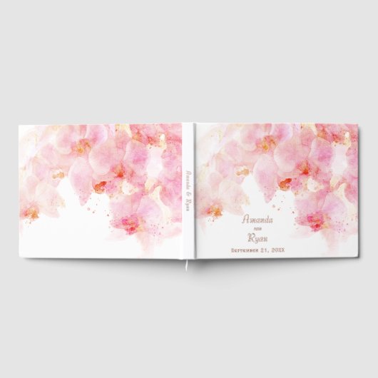 Roze orchidee Waterverf Bloemvezel bruiloft Gastenboek (Volledig)