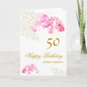 Roze Orchidee Waterverf Gouden Glitter 50ste Verja Kaart (Voorkant)