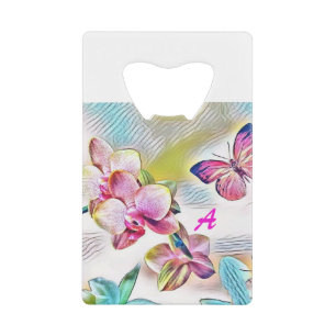 Roze orchideeën bloemen en vlinderbloemenkaart b kredietkaart flessenopener