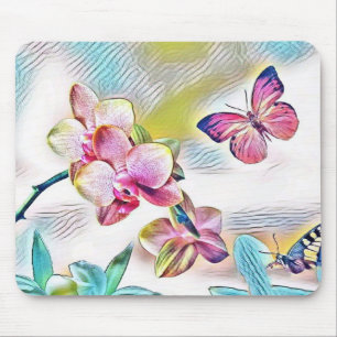 Roze orchideeën bloemen en vlinders muismat