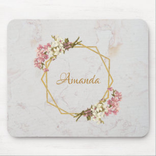 Roze orchideeën Elegant Floral Girly Name Marble G Muismat