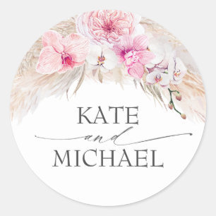 Roze Orchideeën en Pampas Grass Elegant Modern Ronde Sticker
