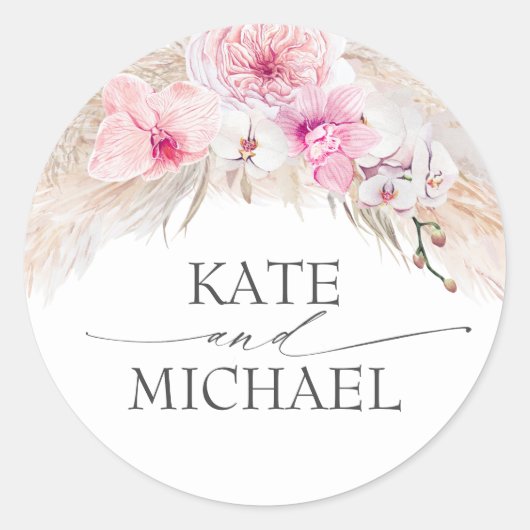 Roze Orchideeën en Pampas Grass Elegant Modern Ronde Sticker (Voorkant)