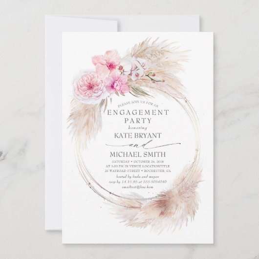 Roze orchideeën en Pampas Grass Engagement Party Kaart (Voorkant)
