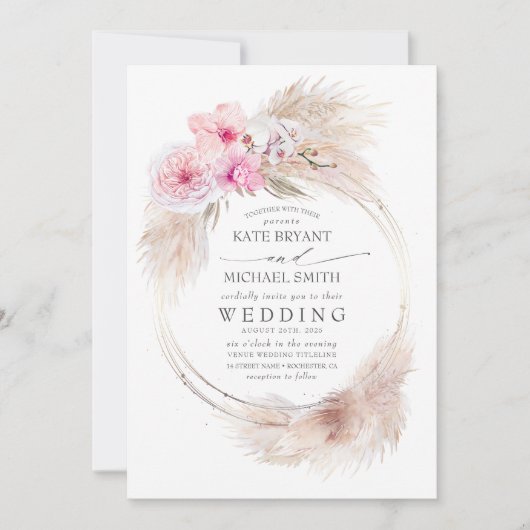 Roze Orchideeën en Pampas Grass Tropische bruiloft Kaart (Voorkant)