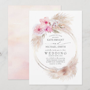 Roze Orchideeën en Pampas Grass Tropische bruiloft Kaart