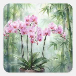 Roze orchideeën op een groene bamboe achtergrond vierkante sticker