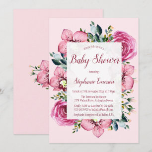 Roze Orchideeën & Rozen Baby Douche Uitnodigingen