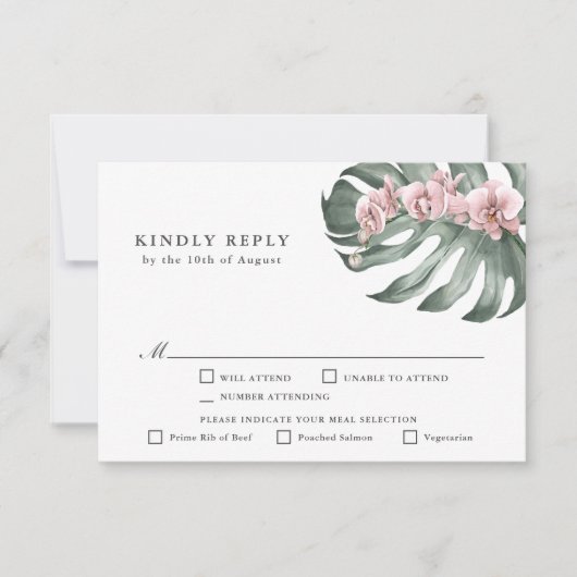 Roze Orchideeën Tropische Bruiloft RSVP met Entree (Voorkant)