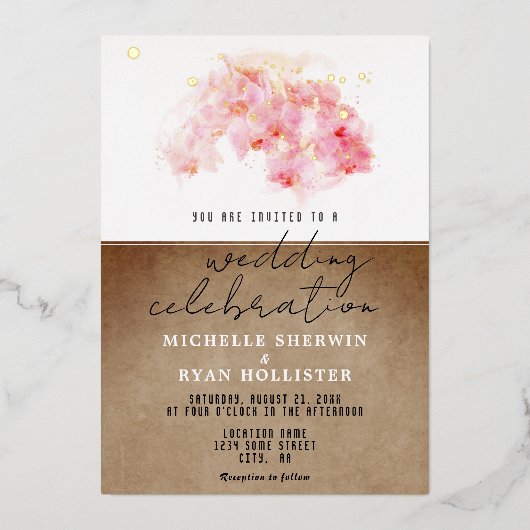 Roze orchideeën Waterverf Oud papier bruiloft goud Folie Uitnodiging (Voorkant)