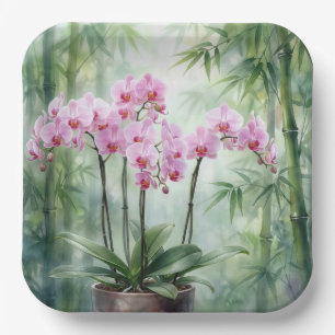 Roze Orchideeënplant Op Bamboe Achtergrond Papieren Bordje