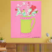 Roze originele bloemen in een Mok Canvas Afdruk (Insitu (Woonkamer))