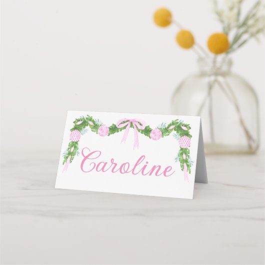 Roze Ornament Garland Christmas Place Card (Voorkant)