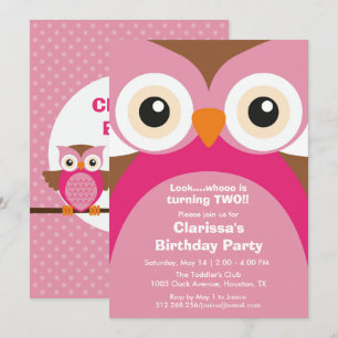 Roze Owl Birthday Party Invitation Kaart