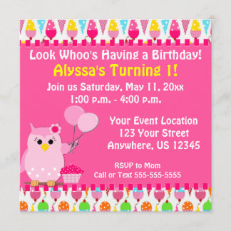 Roze Owl Birthday Uitnodiging