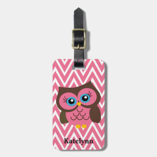 Roze Owl Chevron Custom Monogram Bagagelabel