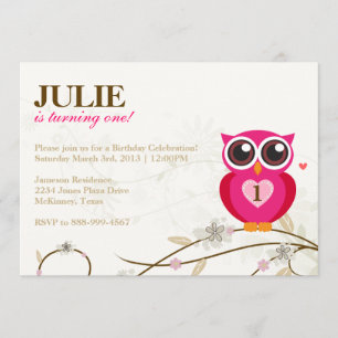 Roze Owl First Birthday Party Invitation Kaart