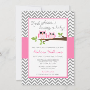Roze Owl Gray Chevron Girl Baby shower Kaart
