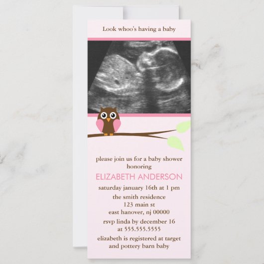 Roze Owl Sonogram Baby shower Kaart (Voorkant)