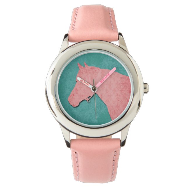 Roze Paard op Turquoise Horloge (Voorkant)