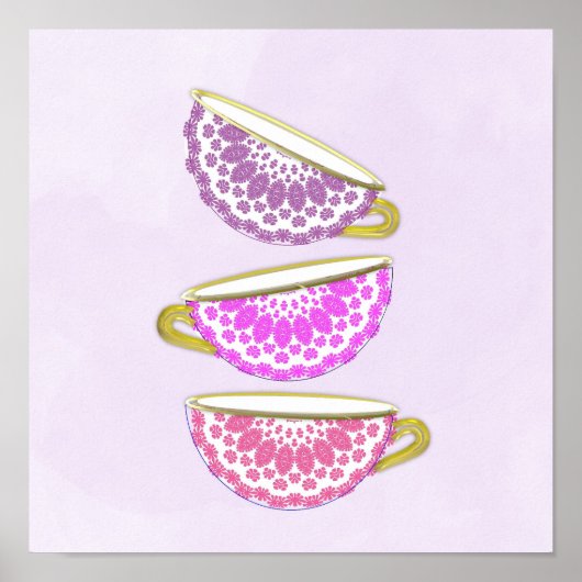 Roze Paars China Tea Cups Wall Art Poster (Voorkant)
