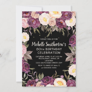 Roze Paars Floral Black 80th Birthday Kaart