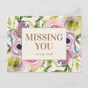 Roze Paars Geel Aquarel Bloemendecor Missen Jou Briefkaart