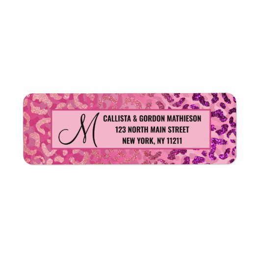 Roze Paars Glitter Leopard Animal Print Monogram Etiket (Voorkant)