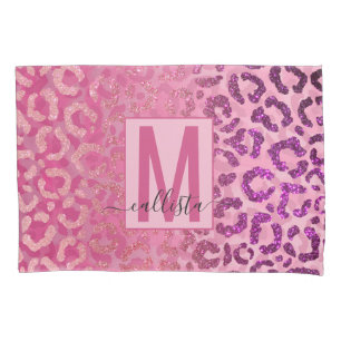 Roze Paars Glitter Leopard Animal Print Monogram Kussensloop