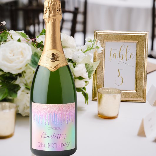 Roze paars holografische glitter druppelt verjaard sparkling wijnetiket