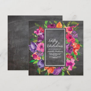 Roze Paars Oranje Floral Chalkboard 50th Birthday Kaart