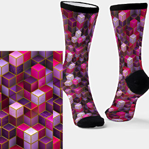 Roze Paarse Abstracte 3D-effect kubussen Sokken