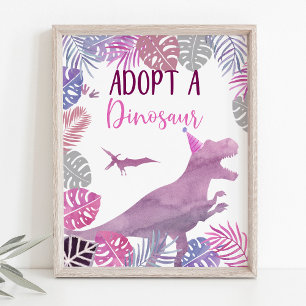 Roze Paarse Adopteer een dinosaurus verjaardagstek Poster