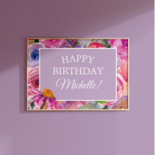 Roze Paarse Aquarel Wilde Bloemen Gelukkig Verjaar Poster