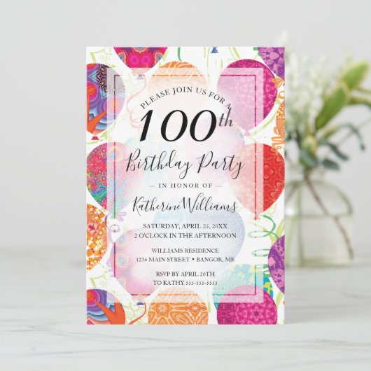 Roze Paarse ballonnen 100ste verjaardagsfeest Kaart (Staand voorkant)