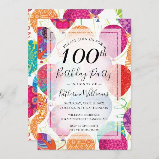 Roze Paarse ballonnen 100ste verjaardagsfeest Kaart (Voorkant / Achterkant)